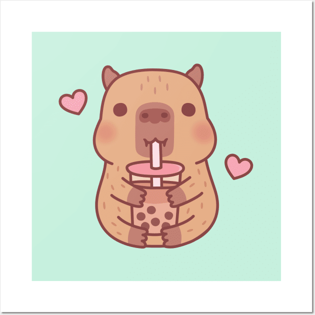 Cute Little Capybara Loves Bubble Tea Wall Art by rustydoodle